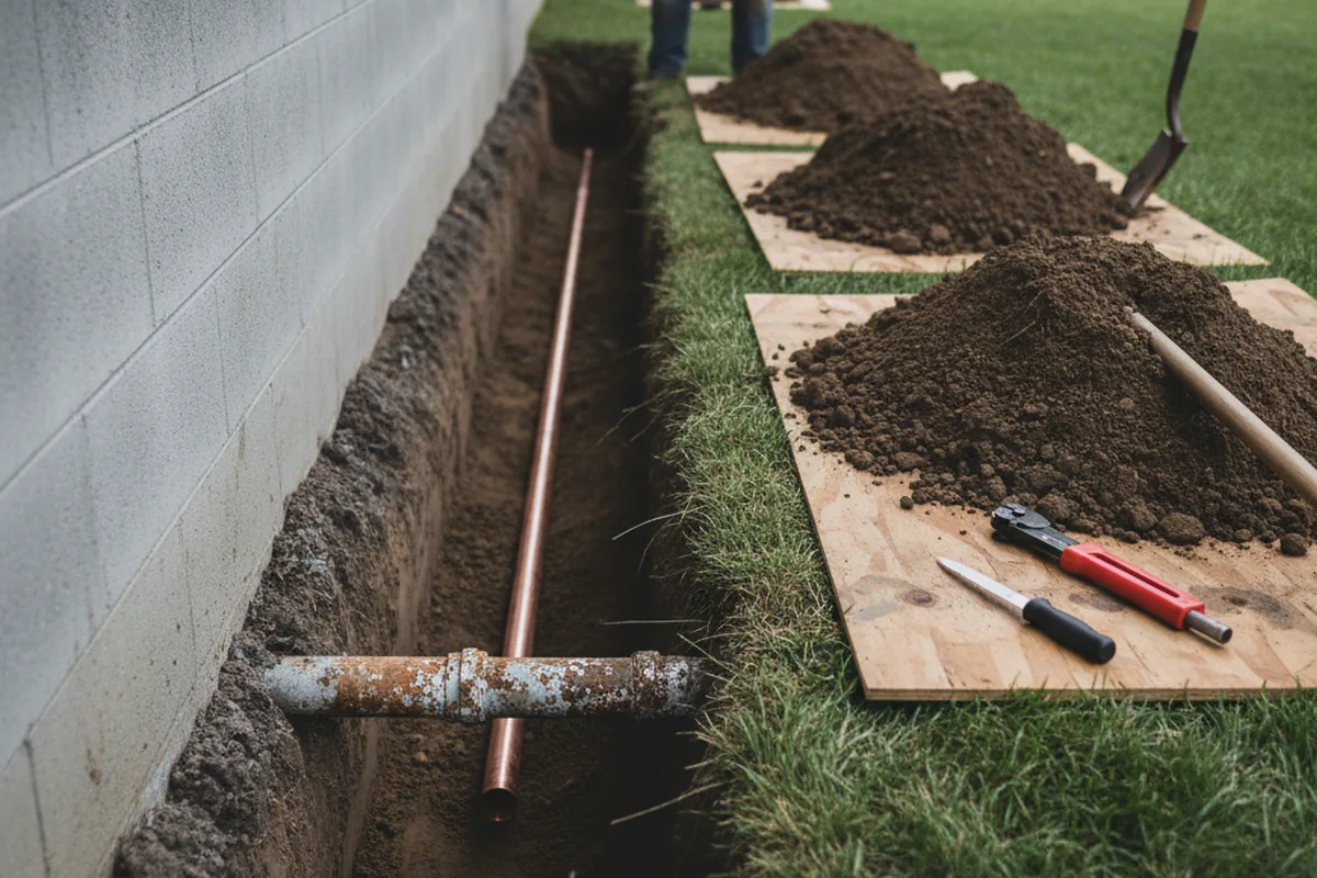 Excavated water line trench during Sewer Line Repair in Norfolk